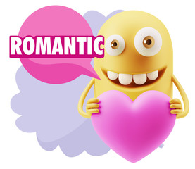 3d Rendering. Emoji in love holding heart shape saying Romantic