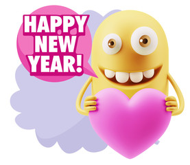 3d Rendering. Emoji in love holding heart shape saying Happy New