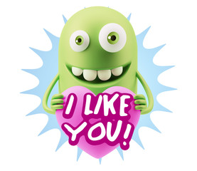 3d Rendering. Emoji in love holding heart shape saying I Like Yo