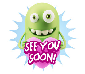 3d Rendering. Emoji in love holding heart shape saying See You S