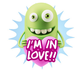 3d Rendering. Emoji in love holding heart shape saying I'm in Lo