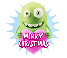 3d Rendering. Emoji in love holding heart shape saying Merry Chr