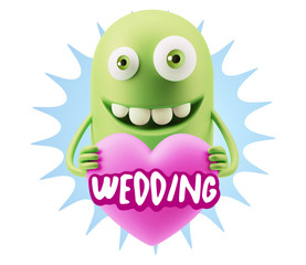 3d Rendering. Emoji in love holding heart shape saying Wedding w