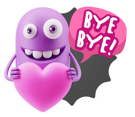 3d Rendering. Emoji in love holding heart shape saying Bye Bye w