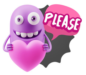 3d Rendering. Emoji in love holding heart shape saying Please wi
