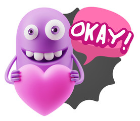 3d Rendering. Emoji in love holding heart shape saying Okay with