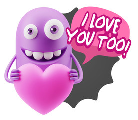3d Rendering. Emoji in love holding heart shape saying I Love Yo
