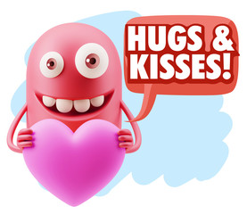 3d Rendering. Emoji in love holding heart shape saying Hugs And