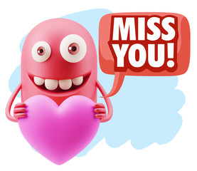 3d Rendering. Emoji in love holding heart shape saying Miss You