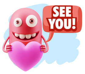 3d Rendering. Emoji in love holding heart shape saying See You w