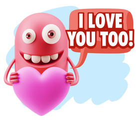 3d Rendering. Emoji in love holding heart shape saying I Love Yo