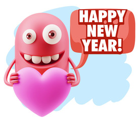 3d Rendering. Emoji in love holding heart shape saying Happy New