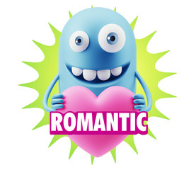 3d Rendering. Emoji in love holding heart shape saying Romantic