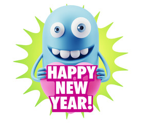 3d Rendering. Emoji in love holding heart shape saying Happy New