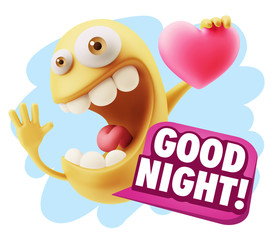 3d Rendering. Emoji in love holding heart shape saying Good Nigh