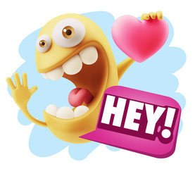 3d Rendering. Emoji in love holding heart shape saying Hey with