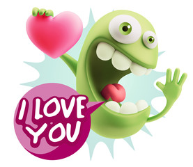 3d Rendering. Emoji in love holding heart shape saying I Love Yo