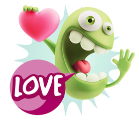 3d Rendering. Emoji in love holding heart shape saying Love with