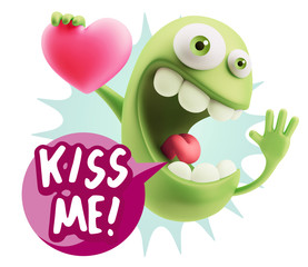 3d Rendering. Emoji in love holding heart shape saying Kiss Me w