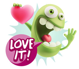 3d Rendering. Emoji in love holding heart shape saying Love It w