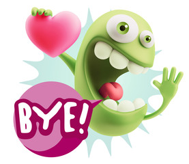 3d Rendering. Emoji in love holding heart shape saying Bye with