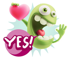 3d Rendering. Emoji in love holding heart shape saying Yes with