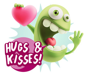 3d Rendering. Emoji in love holding heart shape saying Hugs And