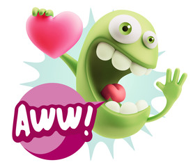 3d Rendering. Emoji in love holding heart shape saying Awww with