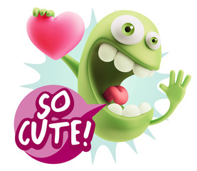 3d Rendering. Emoji in love holding heart shape saying So Cute w