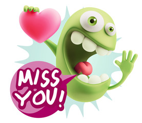 3d Rendering. Emoji in love holding heart shape saying Miss You