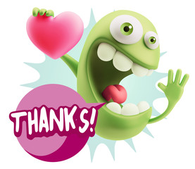 3d Rendering. Emoji in love holding heart shape saying Thanks wi