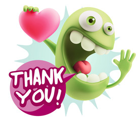 3d Rendering. Emoji in love holding heart shape saying Thank You