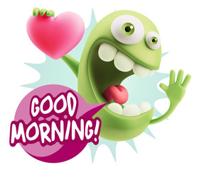 3d Rendering. Emoji in love holding heart shape saying Good Morn