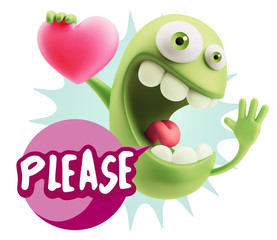 3d Rendering. Emoji in love holding heart shape saying Please wi