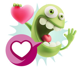 3d Rendering. Emoji in love holding heart shape saying Love with