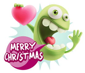 3d Rendering. Emoji in love holding heart shape saying Merry Chr