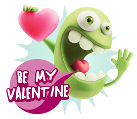 3d Rendering. Emoji in love holding heart shape saying Be My Val