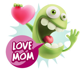 3d Rendering. Emoji in love holding heart shape saying Love Mom