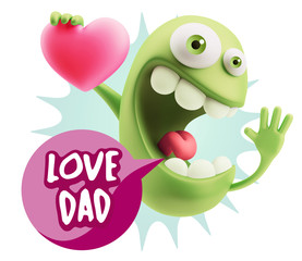 3d Rendering. Emoji in love holding heart shape saying Love Dad