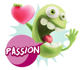 3d Rendering. Emoji in love holding heart shape saying Passion w