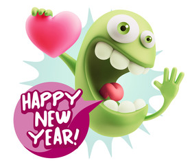 3d Rendering. Emoji in love holding heart shape saying Happy New