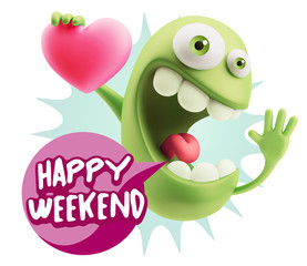 3d Rendering. Emoji in love holding heart shape saying Happy Wee