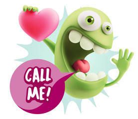 3d Rendering. Emoji in love holding heart shape saying Call Me w