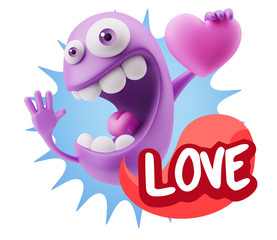 3d Rendering. Emoji in love holding heart shape saying Love with