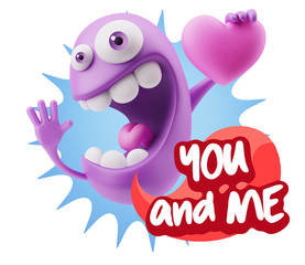3d Rendering. Emoji in love holding heart shape saying You And M