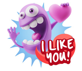 3d Rendering. Emoji in love holding heart shape saying I Like Yo