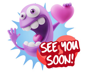 3d Rendering. Emoji in love holding heart shape saying See You S