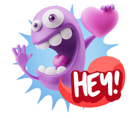 3d Rendering. Emoji in love holding heart shape saying Hey with