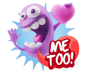 3d Rendering. Emoji in love holding heart shape saying Me Too wi