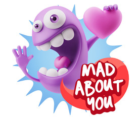3d Rendering. Emoji in love holding heart shape saying Mad About